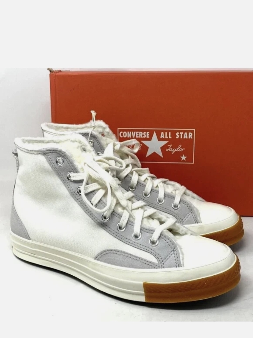 Converse High-Top Sneakers in White, Light Gray and Gum